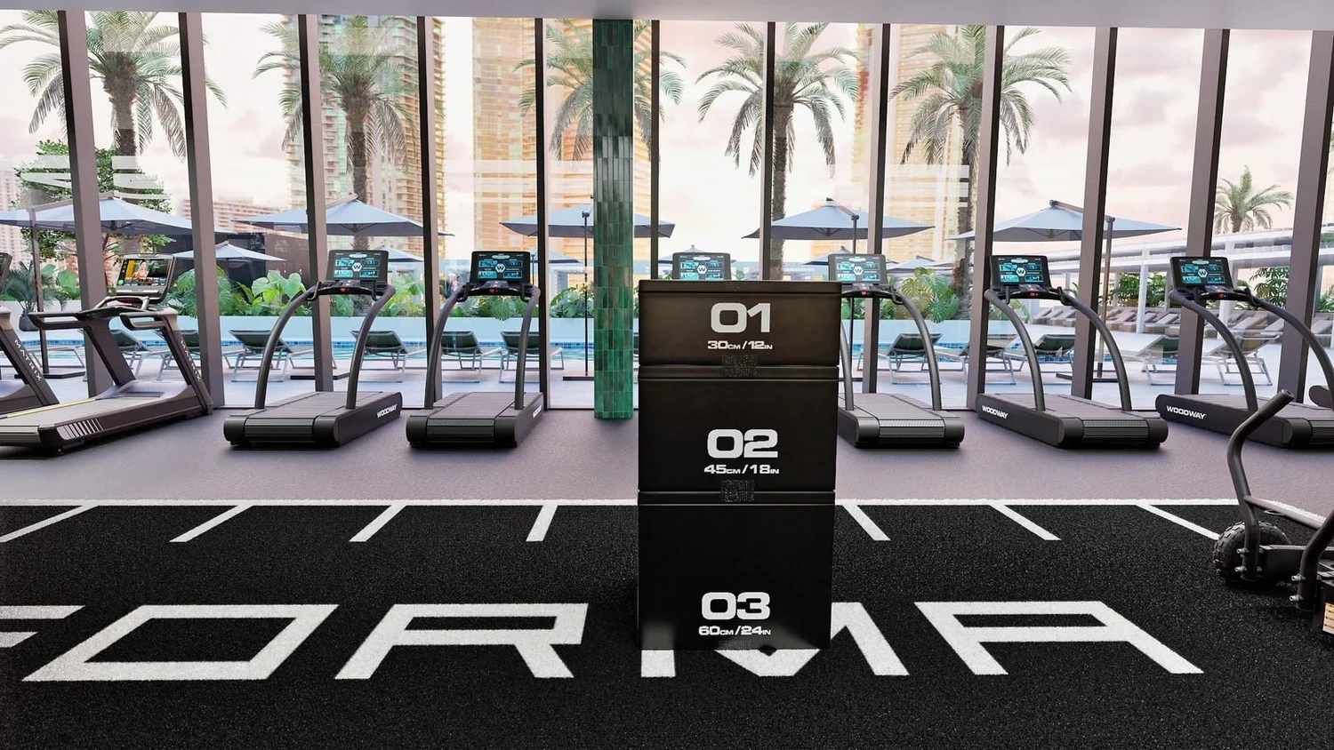 High-rise apartment gym with turf training lane and cardio facing the pool deck