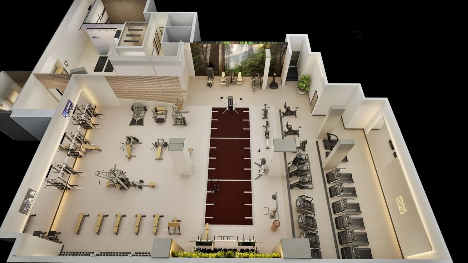 3D floor plan of a multifamily fitness center amenity level