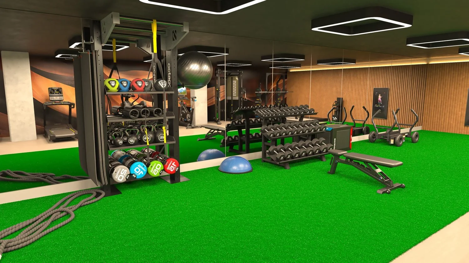 Apartment community gym with turf functional training area