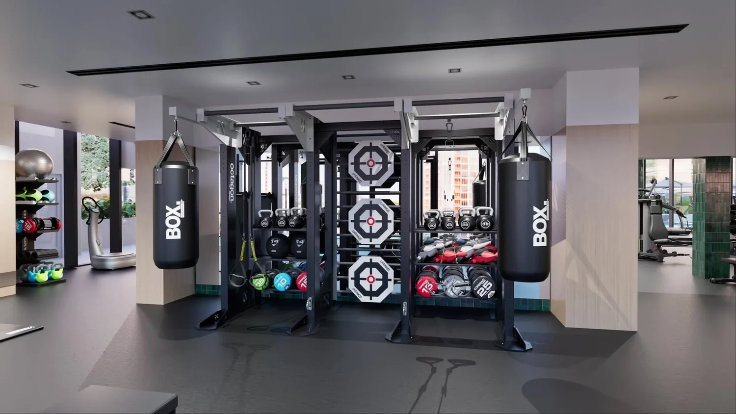 Apartment gym functional training rig and boxing zone rendering