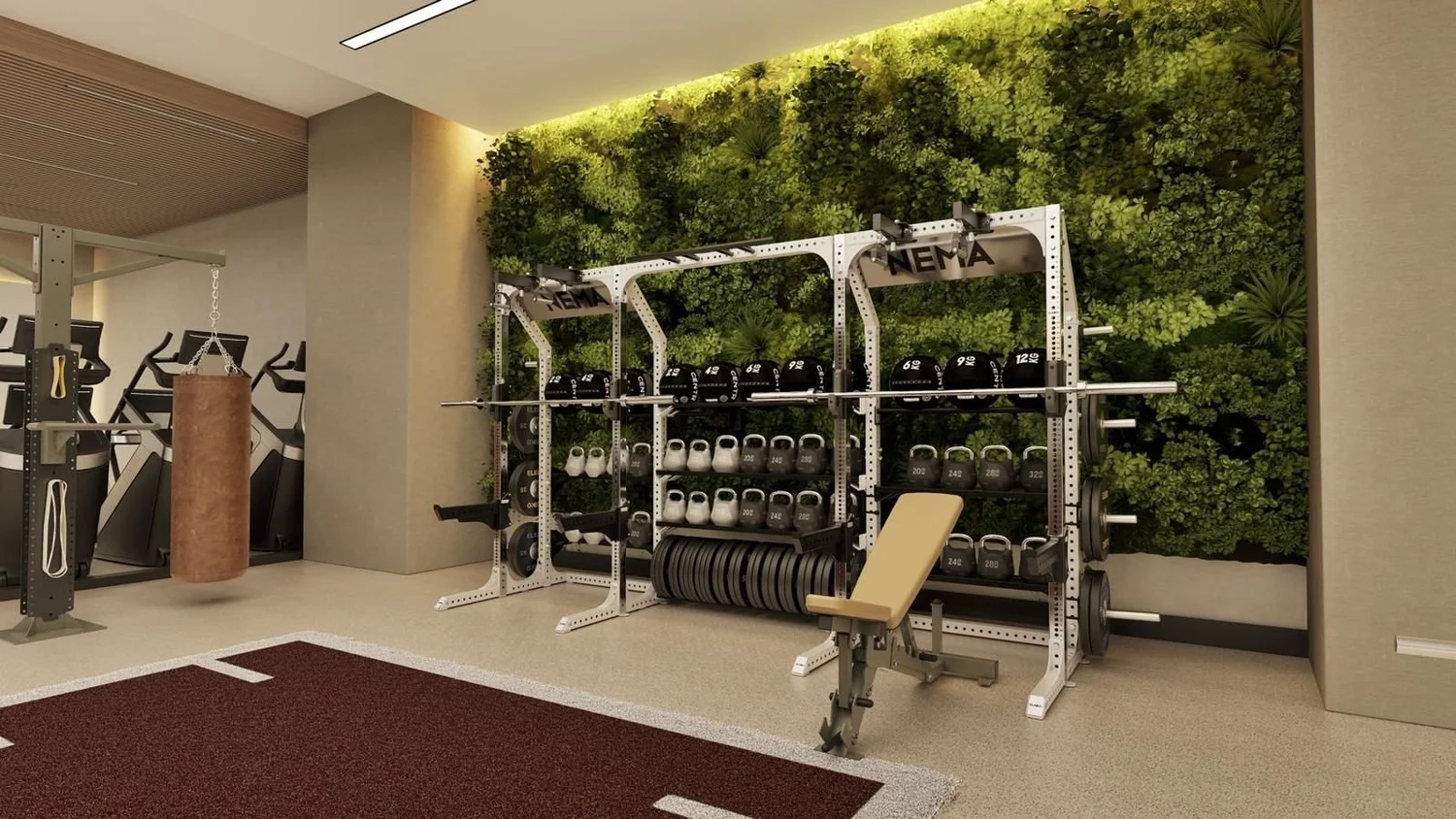 Apartment fitness center free weight area with a living plant wall