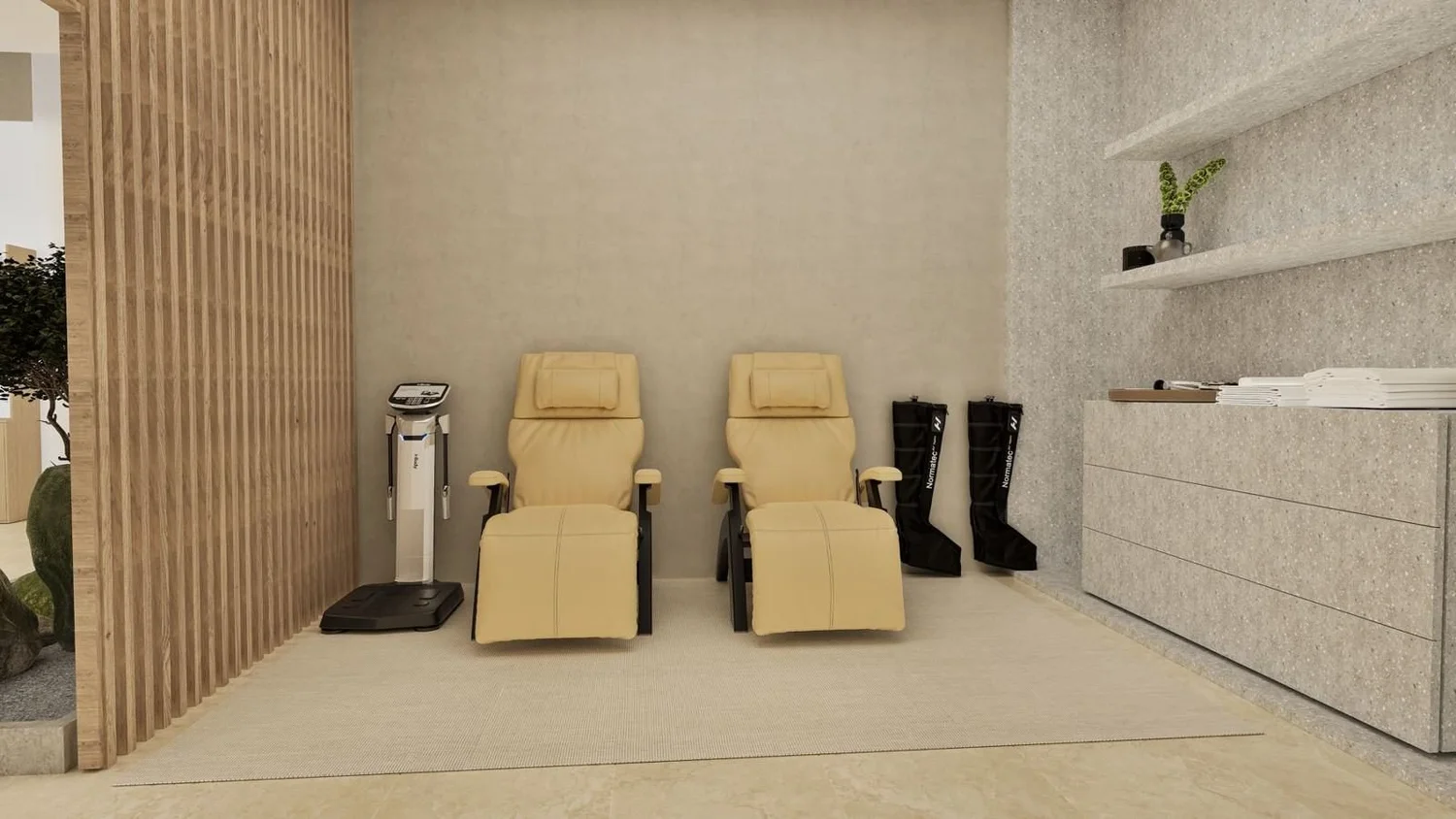 Recovery lounge design inside a luxury apartment fitness center