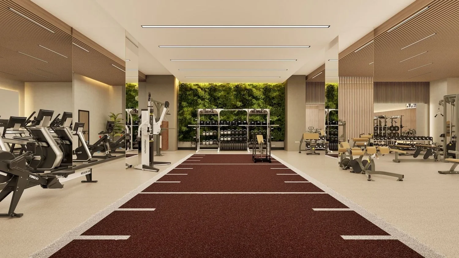 Multifamily fitness center with sled track, rowers and strength floor
