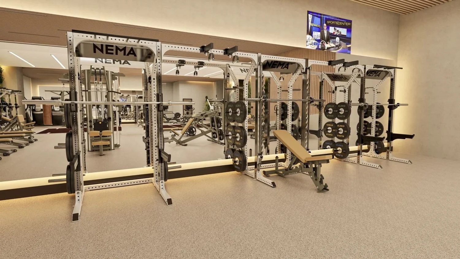 Apartment gym design with a row of strength racks and plate storage
