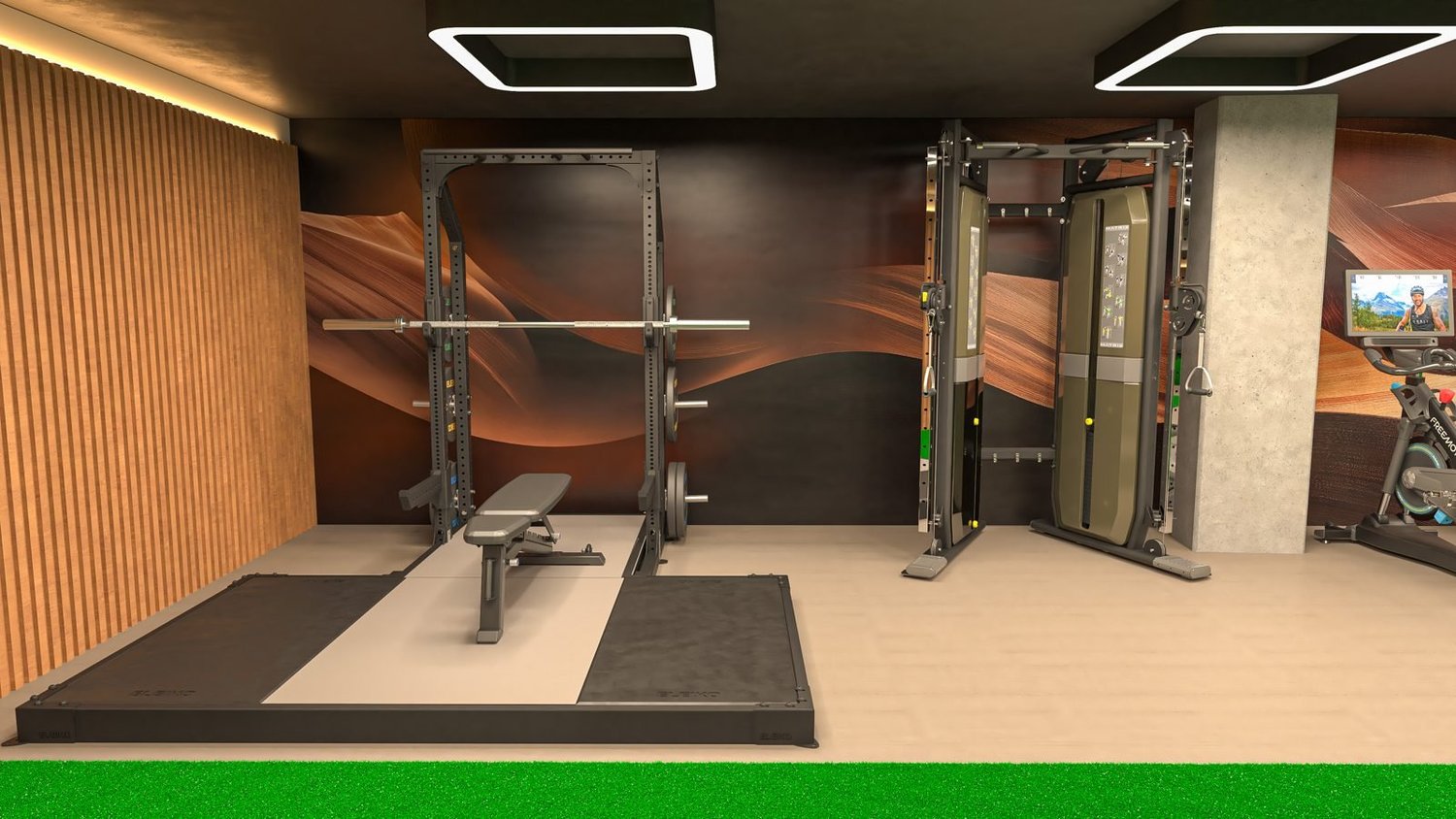 Apartment community fitness center with lifting platform and racks
