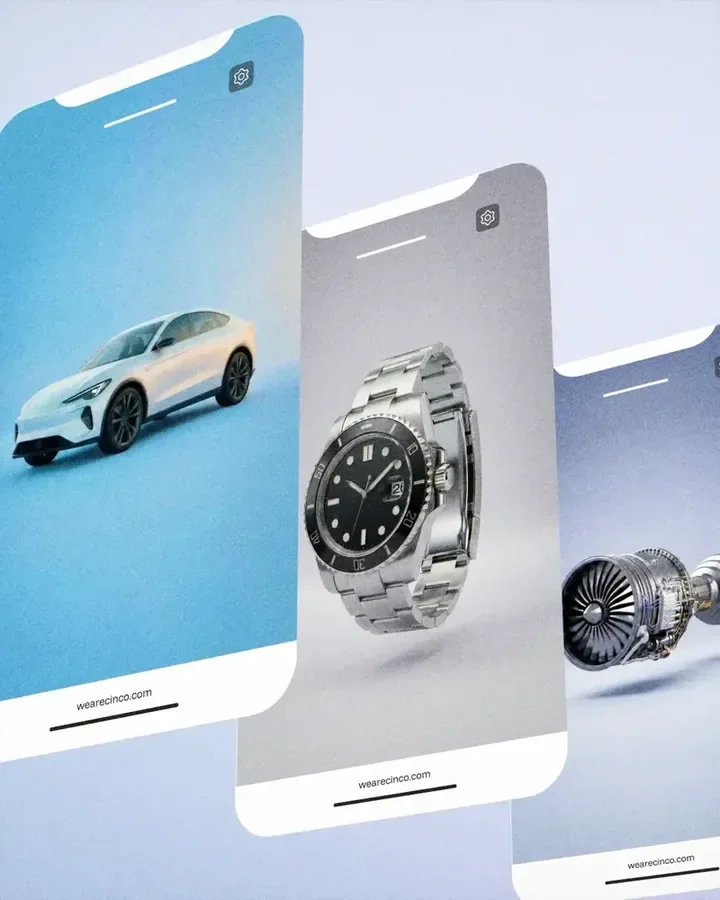 Cinco AI Experience Room - vacuum and jersey product visuals on mobile screens