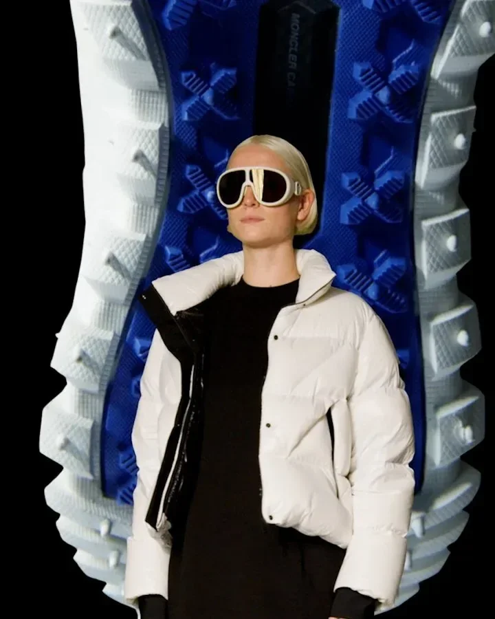 Ssense x Moncler campaign - model in white Moncler jacket