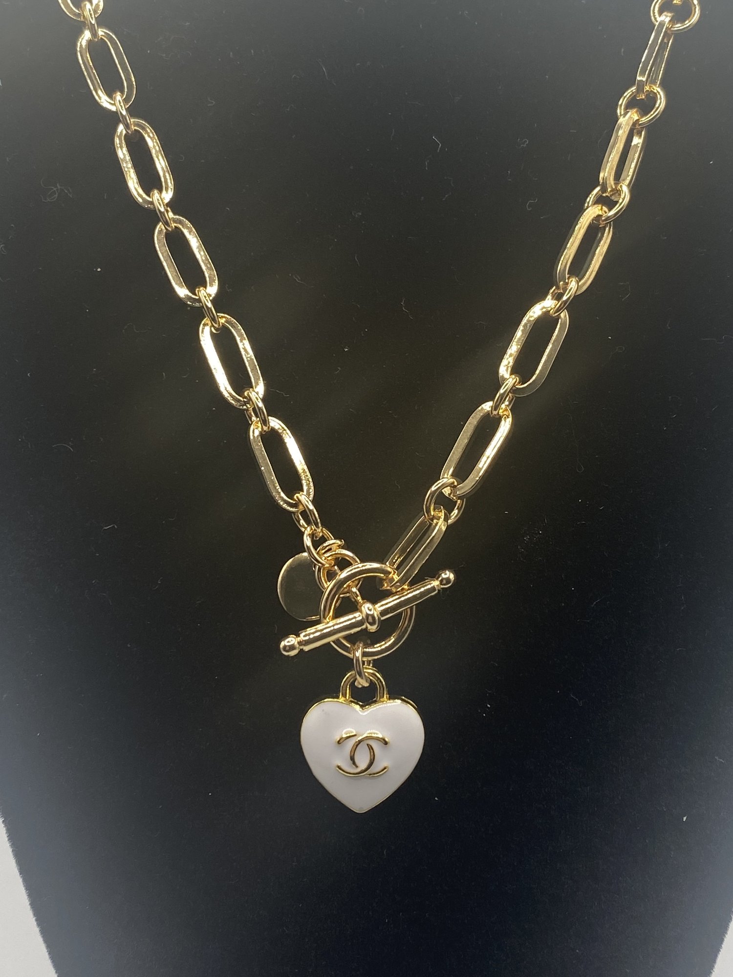 White Heart CC Button Necklaces - Designer Button Jewelry