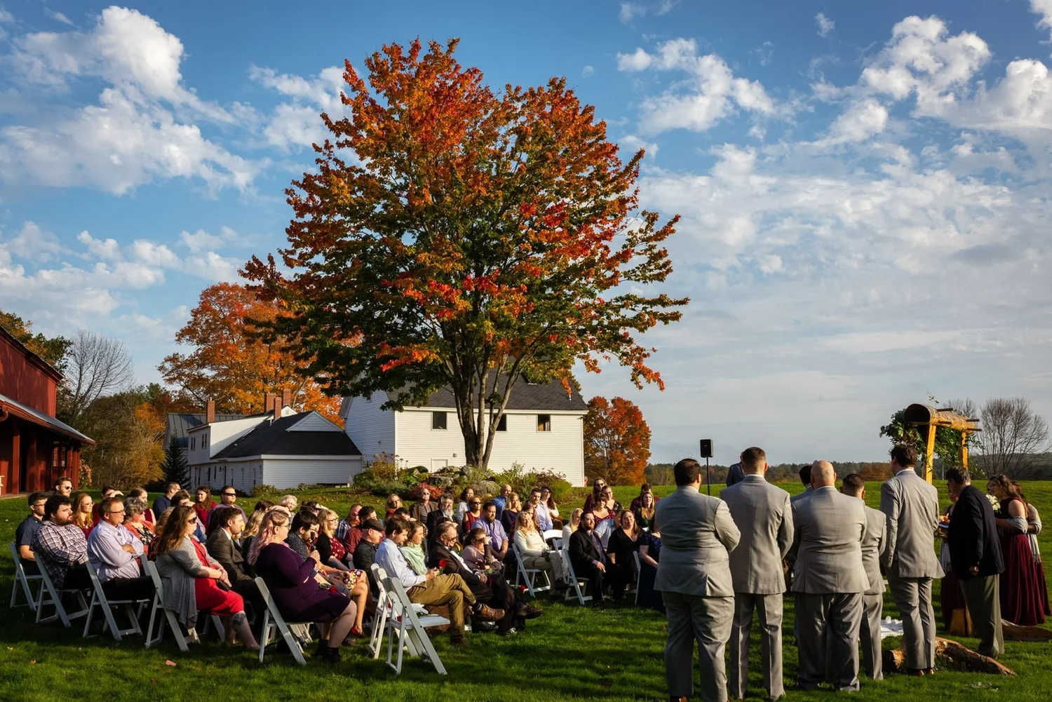 A fall ceremony on the lawn beneath the farm's big maple in full red and orange color