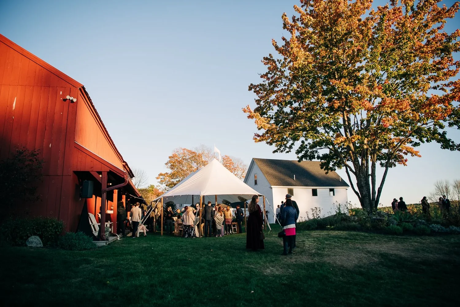 Guests gathered on the lawn beside the red barn during a fall celebration