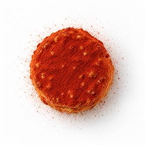 Puff pastry bite with tomato confit and Parmigiano, dusted with red tomato.