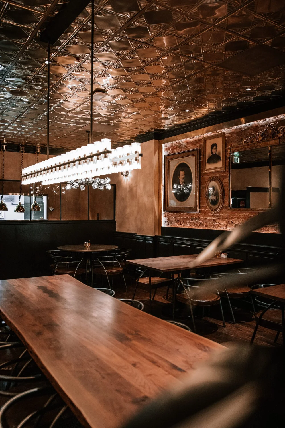 The long table under the pendant lights