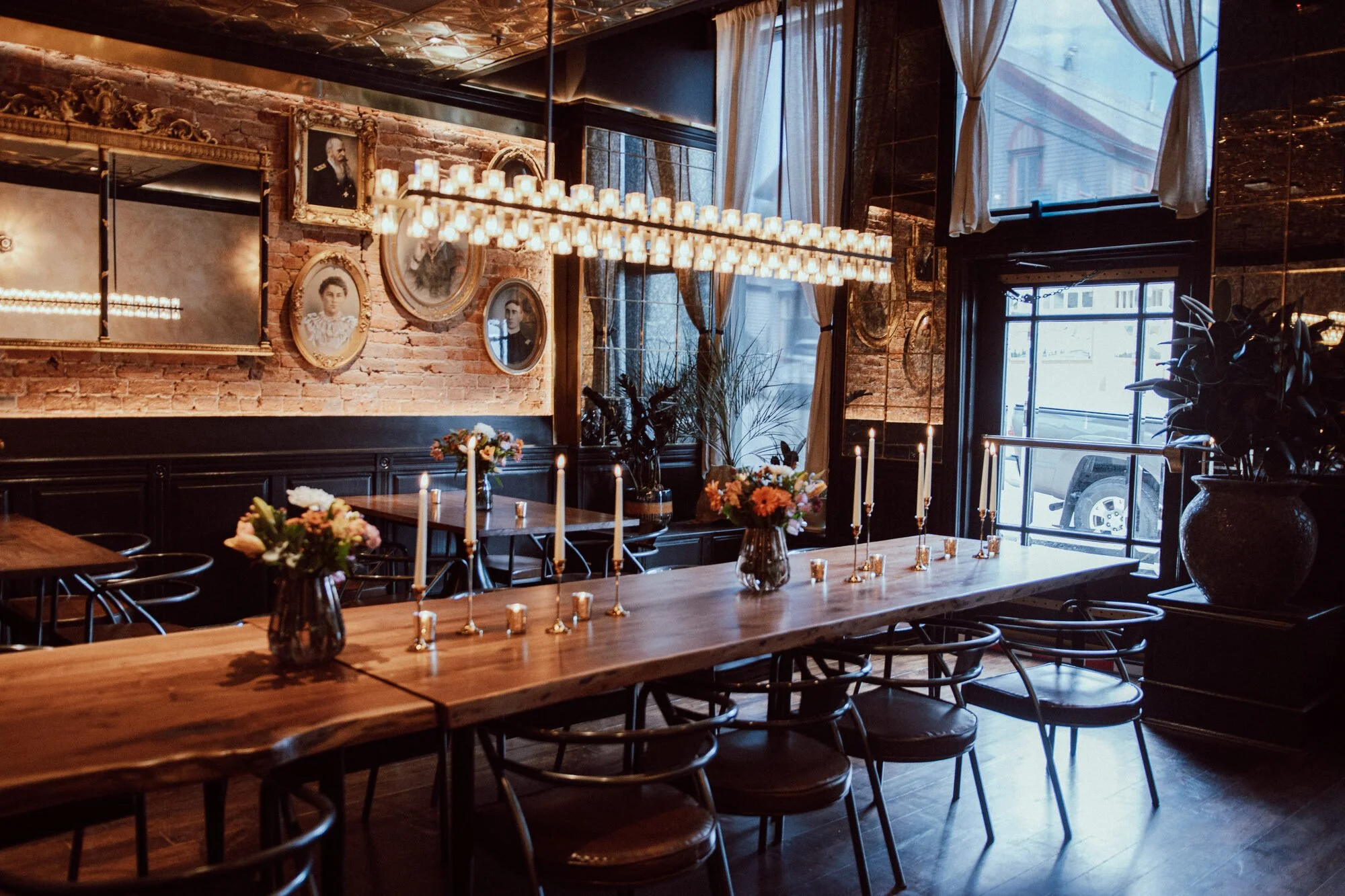 The long table in the dining room at the Delaware Hotel, set for dinner