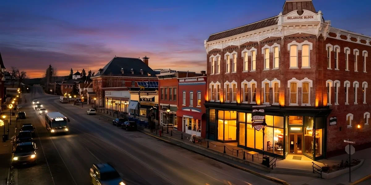 The Historic Delaware Hotel on Harrison Avenue at dusk