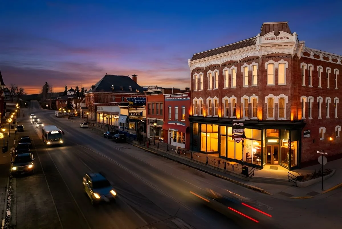 The Delaware Hotel on Harrison Avenue at dusk