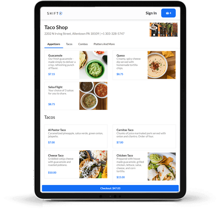 Online restaurant management software and Shift4 Dine digital menu