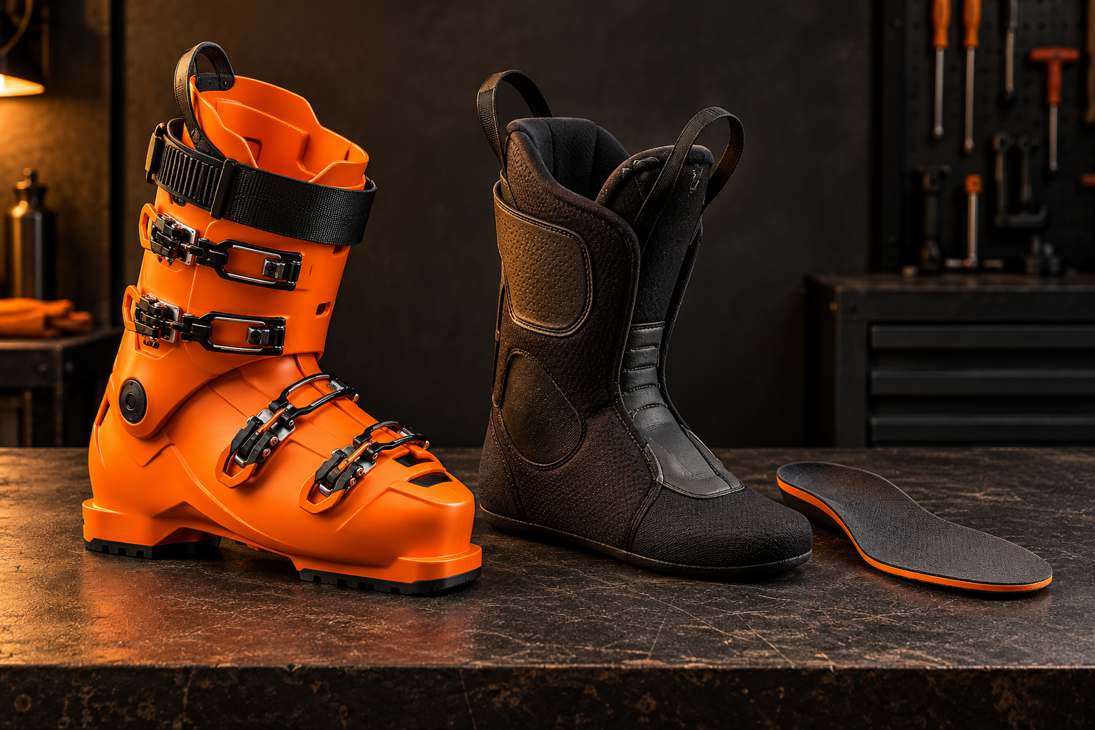 An orange boot shell, black removable liner, and footbed arranged on a workbench.