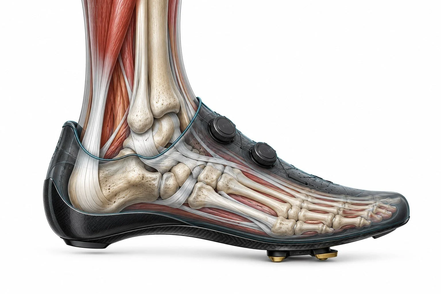 MFU workbook, p. 10: foot, ankle, shoe, and pedal. Teaching illustration; not a measurement of joint loading.
