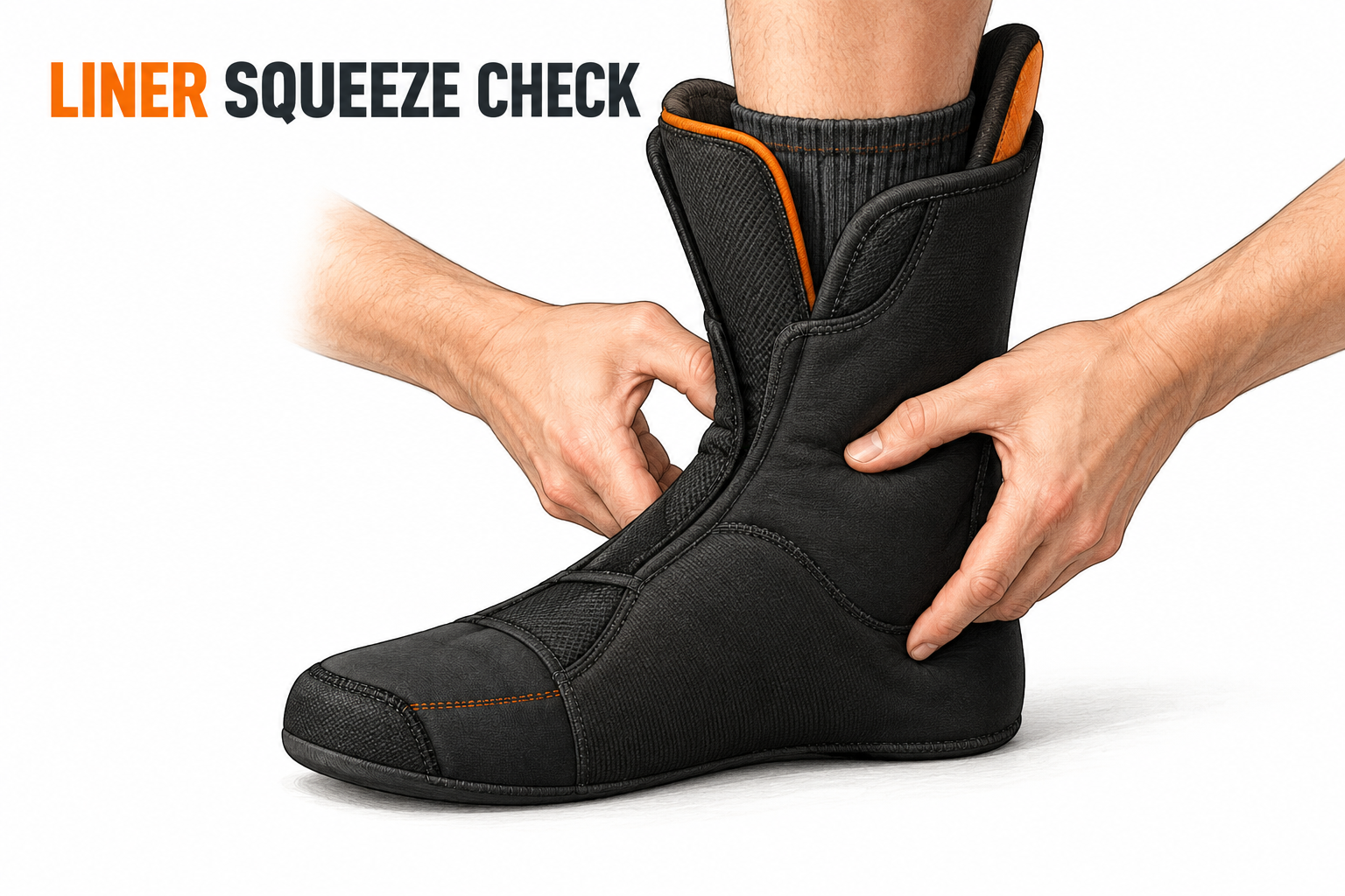 Hands gently compress a soft ski boot liner around the ankle with the athlete’s foot inside.