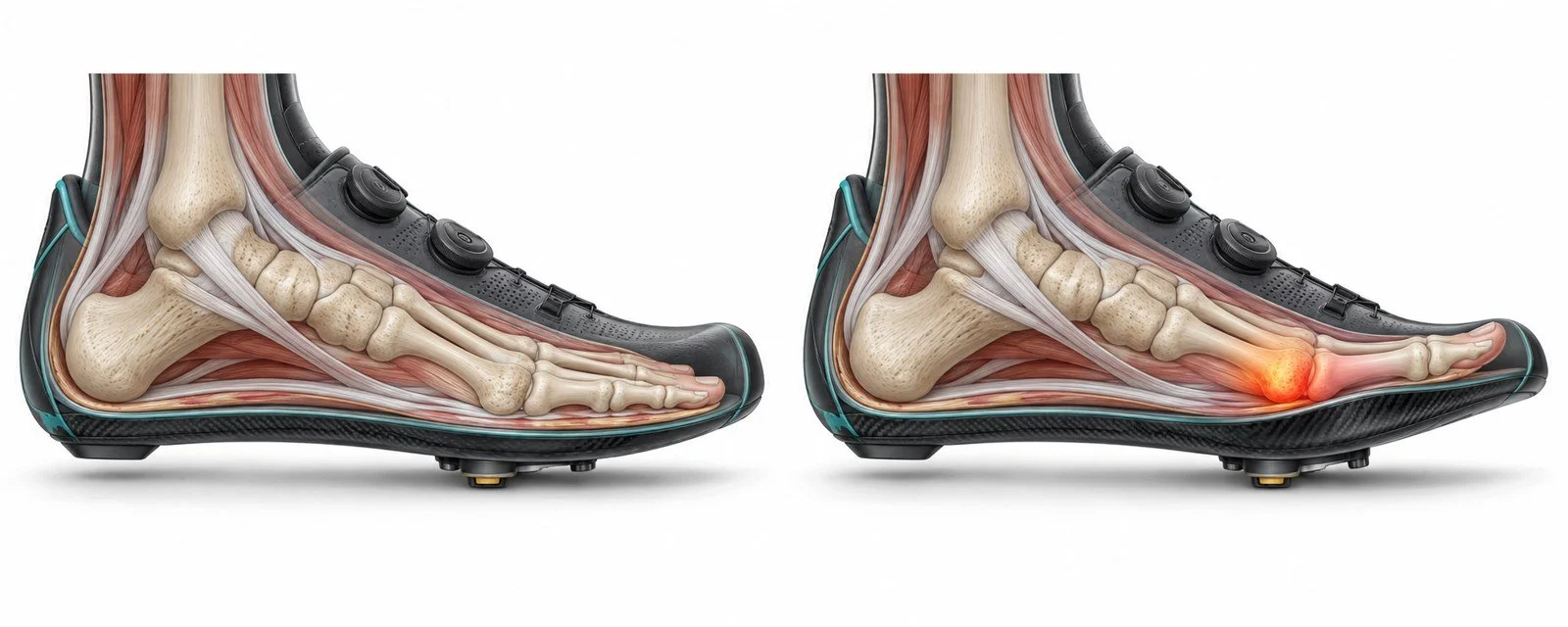 MFU workbook, p. 14: contrasting forefoot contours. Schematic illustration, not a measured pressure map.