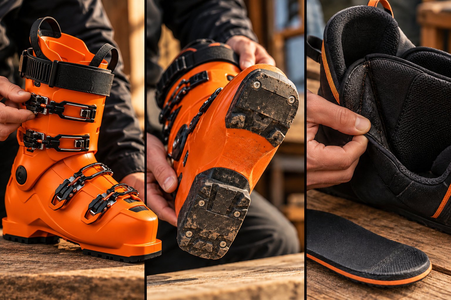 Close-up views of a buckle, boot sole, and liner seam.