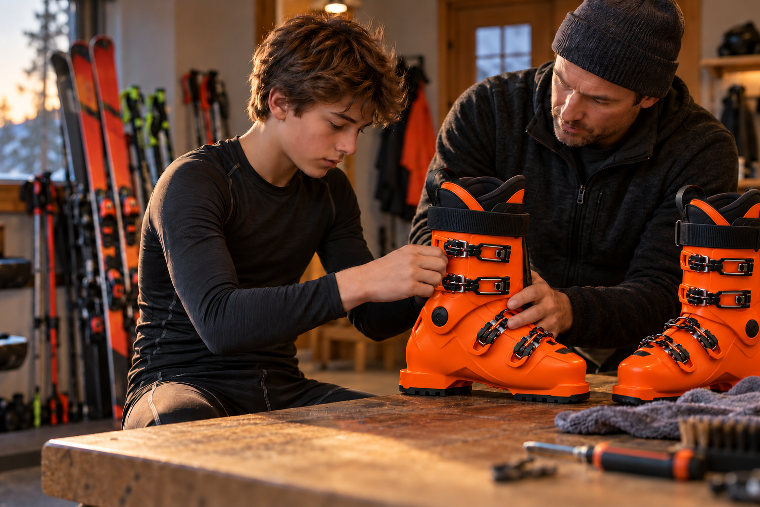 A teenage skier and parent inspect orange ski boots together.