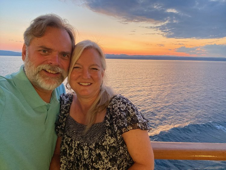 Stephen and Heather at sunset · Boston–Quebec City 2025