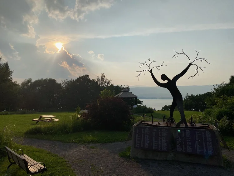 Sculpture against the evening sky, after the cruise · Boston–Quebec City 2025