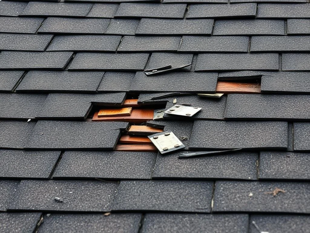 Wind-lifted shingles before repair