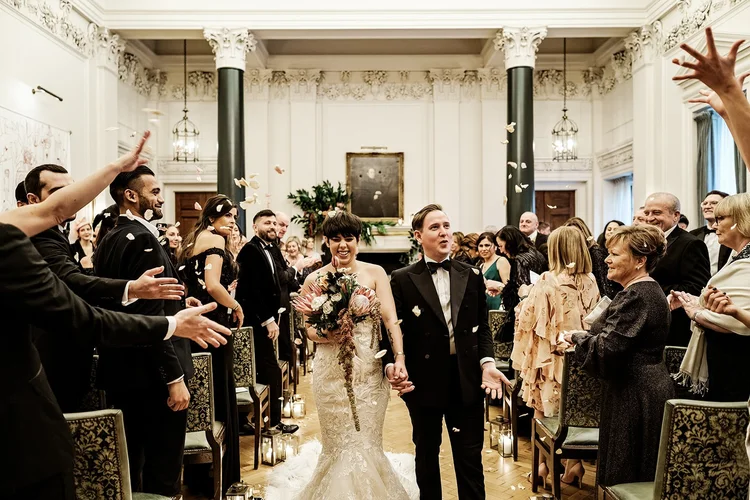 Confetti in the Tapestry Room at Jay and Spike&rsquo;s wedding at The Ned