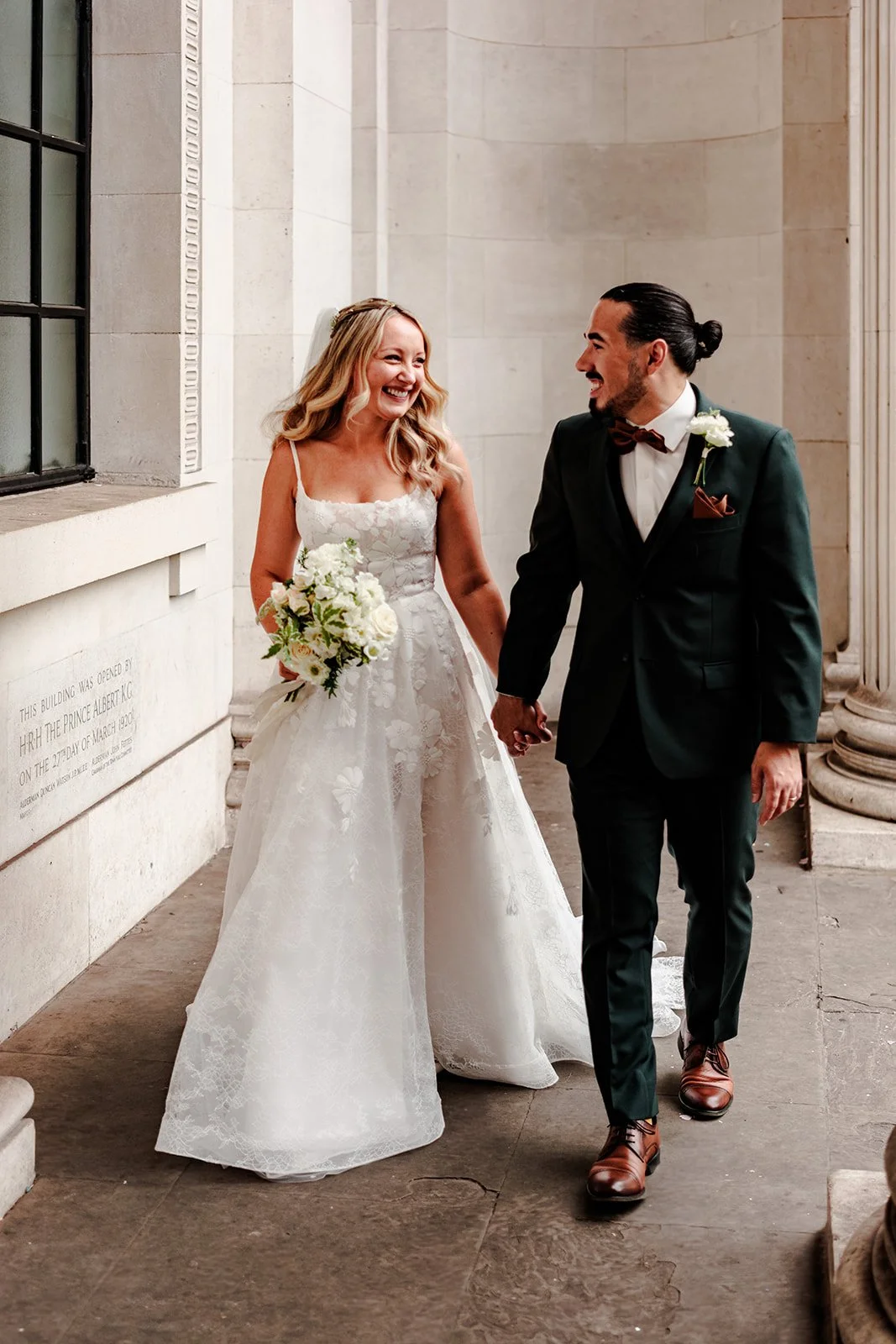 Shannon and Mark — a quiet, tender moment at the end of their Marylebone Town Hall wedding day, London