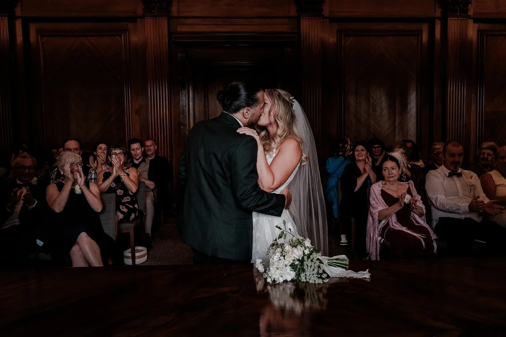 Confetti on the steps of Old Marylebone Town Hall, documentary wedding photography by Oliver Holder - 1