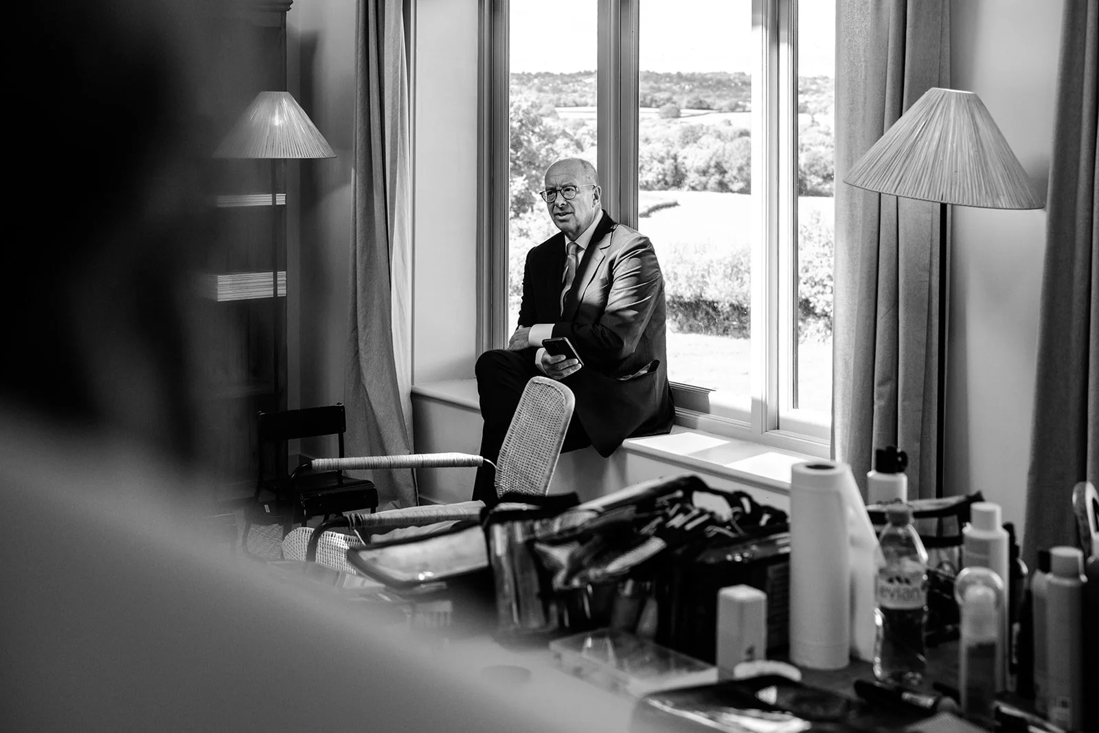 Bridesmaids in pale blue dresses during the morning preparations at Limekiln — relaxed and joyful