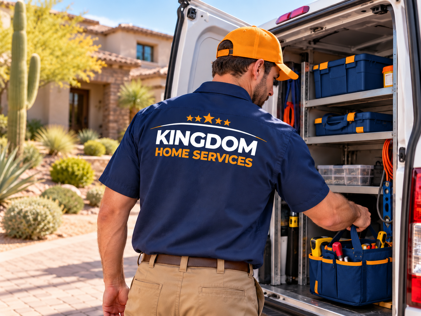 Illustrative Kingdom Home Services technician retrieving tools from an organized service van