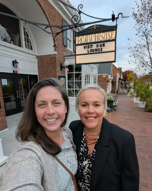 Natalya Murakhver and Stephanie Edmonds under the New Canaan Playhouse marquee
