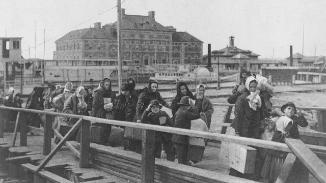 Immigrant children on the dock at Ellis Island