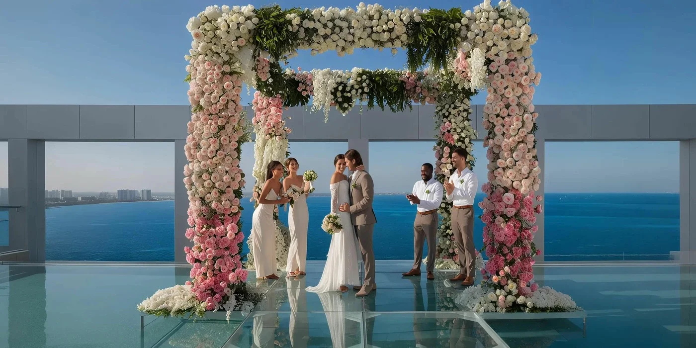 Modern rooftop lounge at an all-inclusive resort in Cancun with ocean views and poolside seating