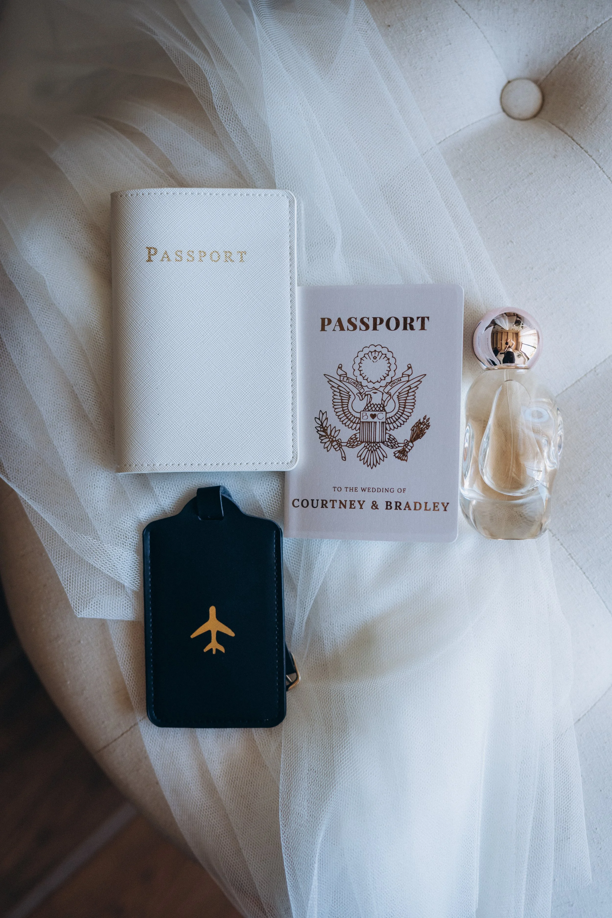 Passports and luggage tags for destination wedding cruise travel planning