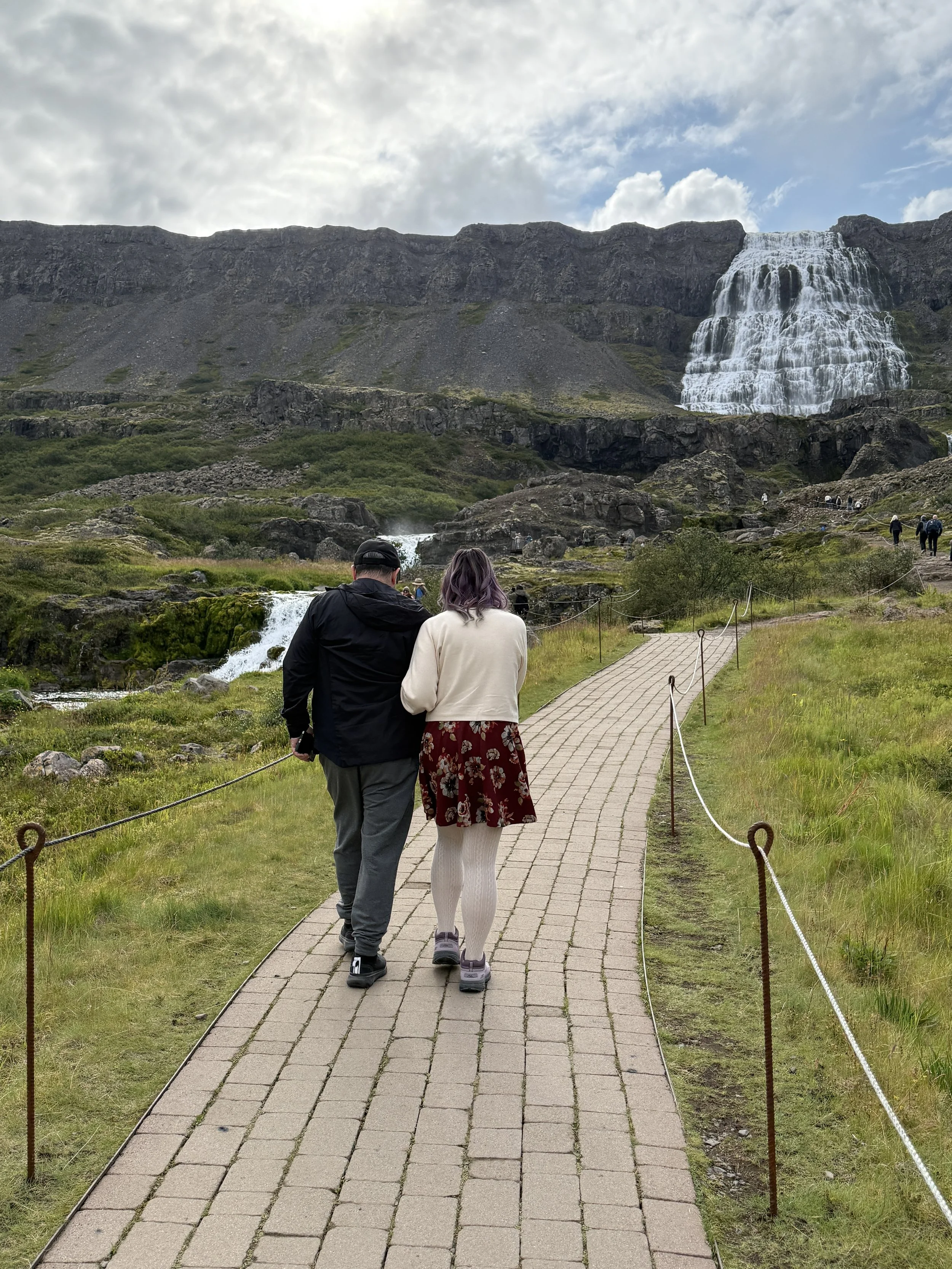 Couple standing together overlooking mountains and forest