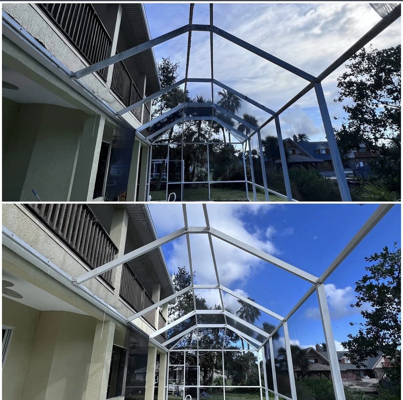 Before and after screen enclosure cleaning in Brevard County Florida