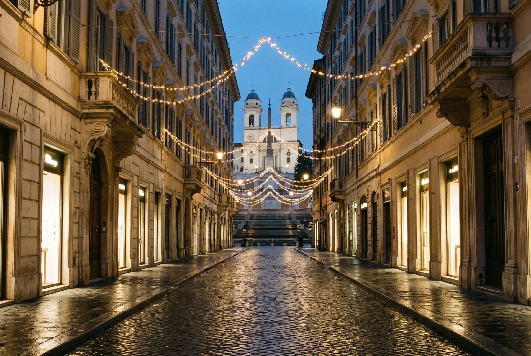 Christmas lights strung over Via dei Condotti leading to the Spanish Steps in Rome at blue hour
