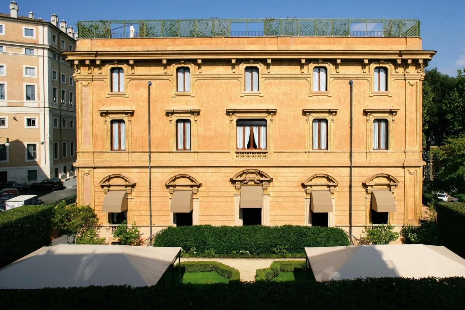 Facade and gardens of Villa Spalletti Trivelli in Rome