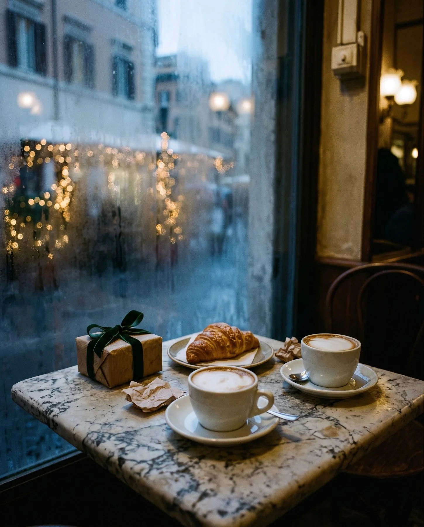 Two cappuccinos and a wrapped gift by a café window in Rome at Christmas