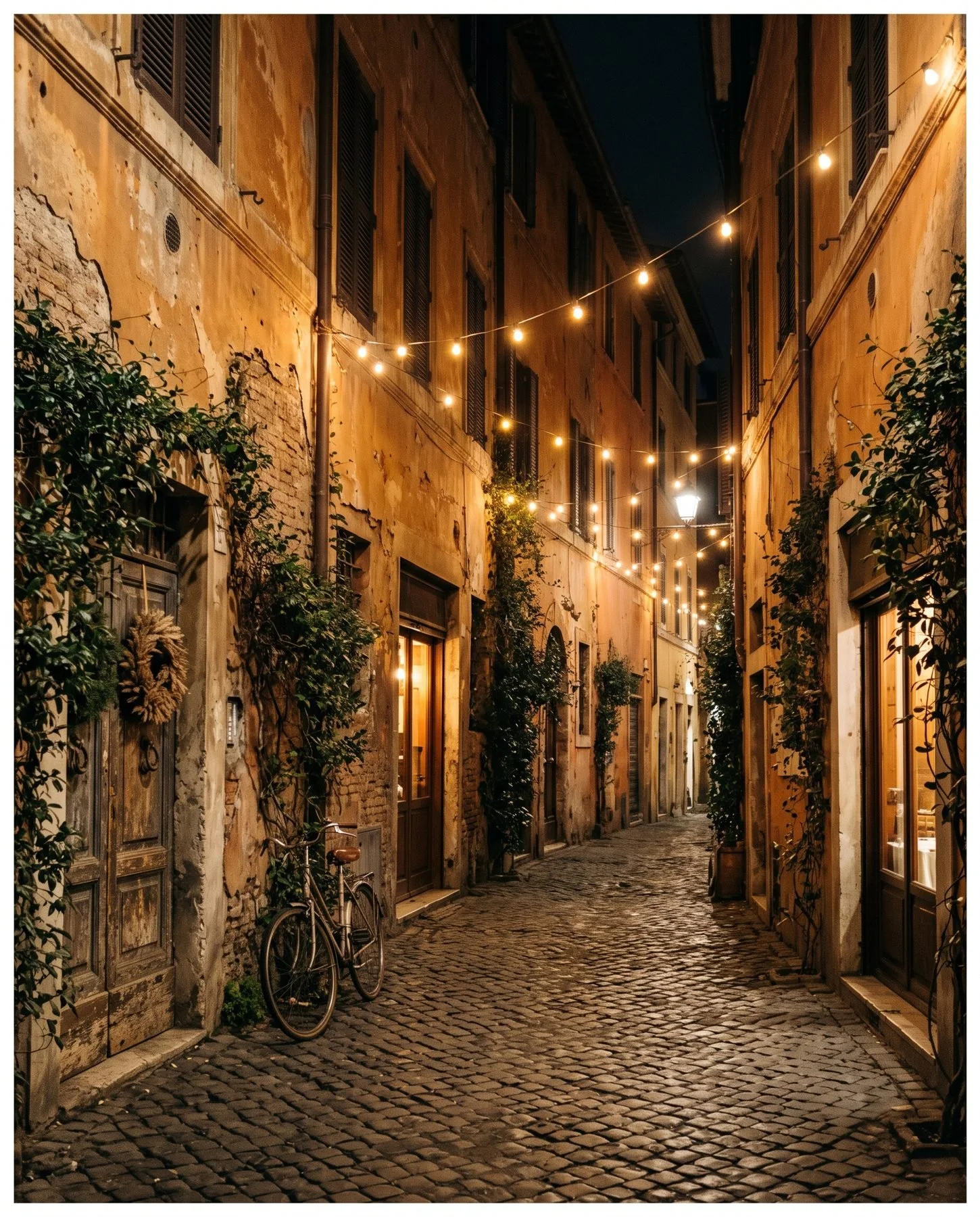 Narrow Trastevere lane in Rome with Christmas string lights and ivy at night
