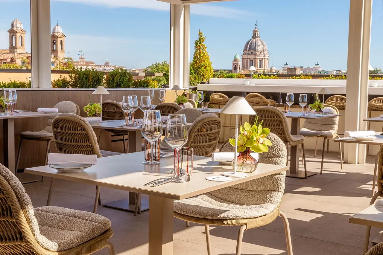 Rooftop terrace restaurant at The First Arte in Rome