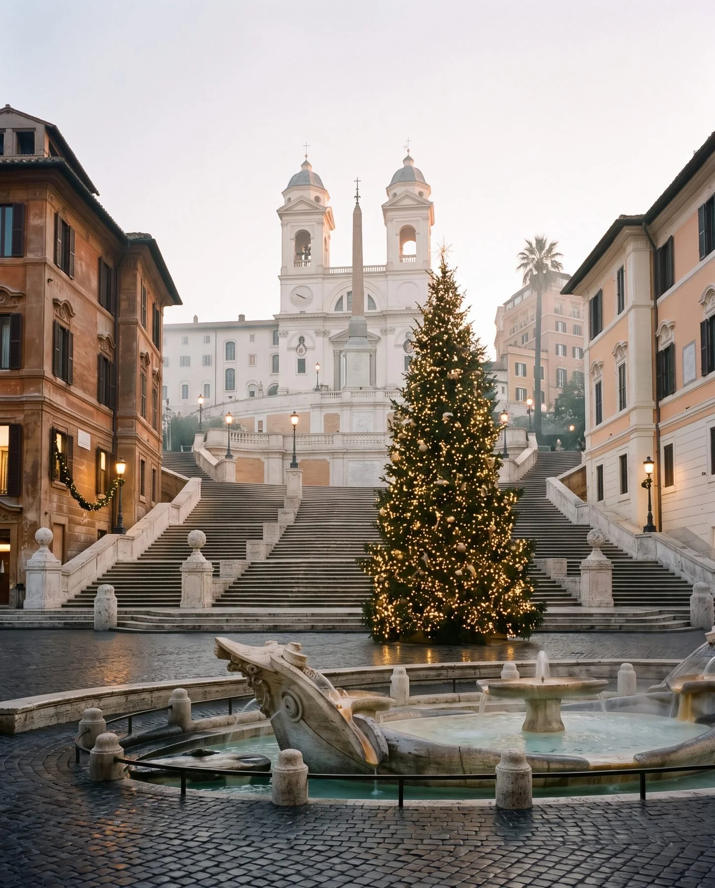 Christmas tree at the foot of the Spanish Steps in Rome at sunrise