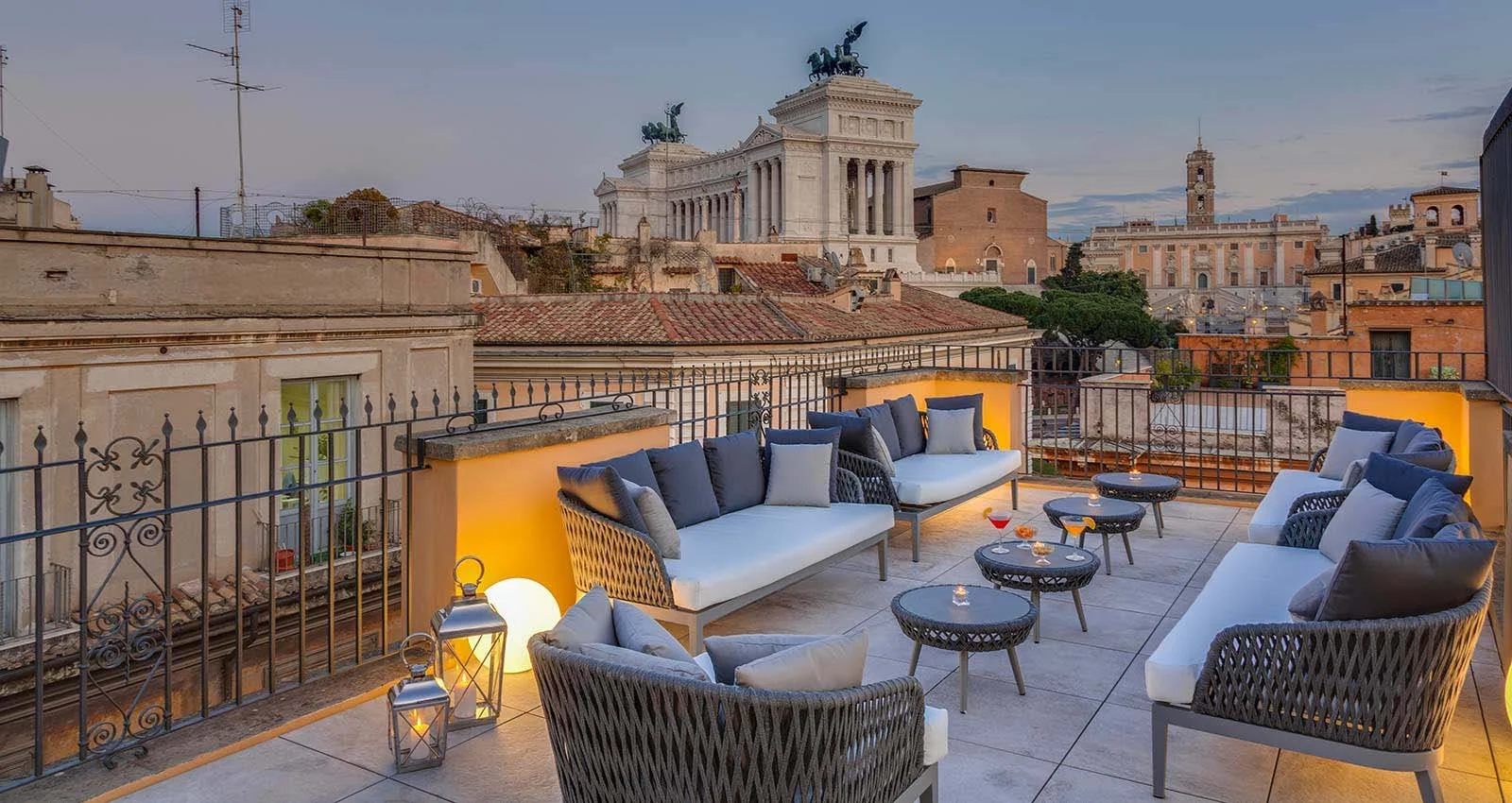 The Otivm Roof Bar at sunset, facing the Vittoriano