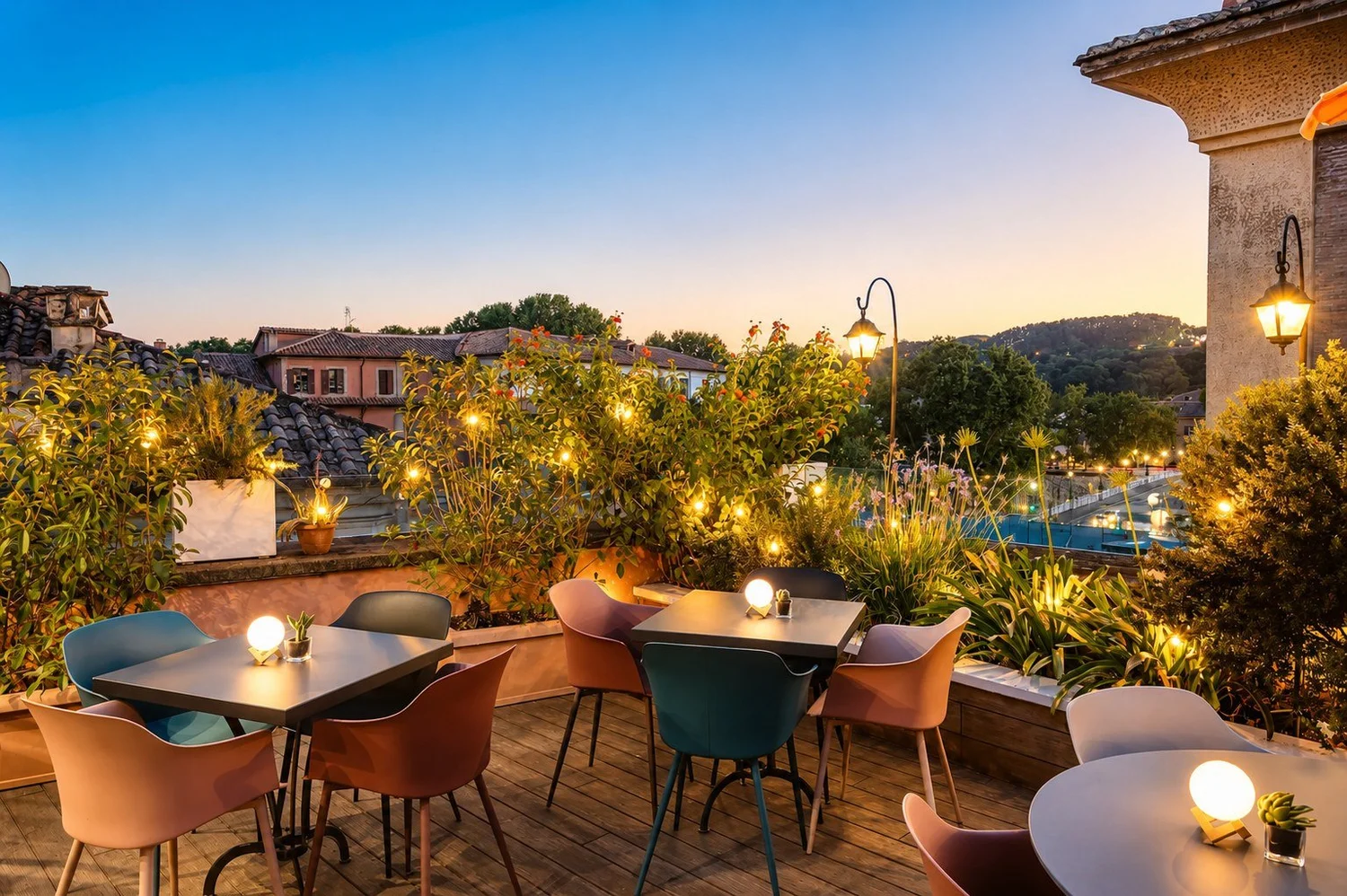 D.O.M Hotel rooftop terrace at dusk