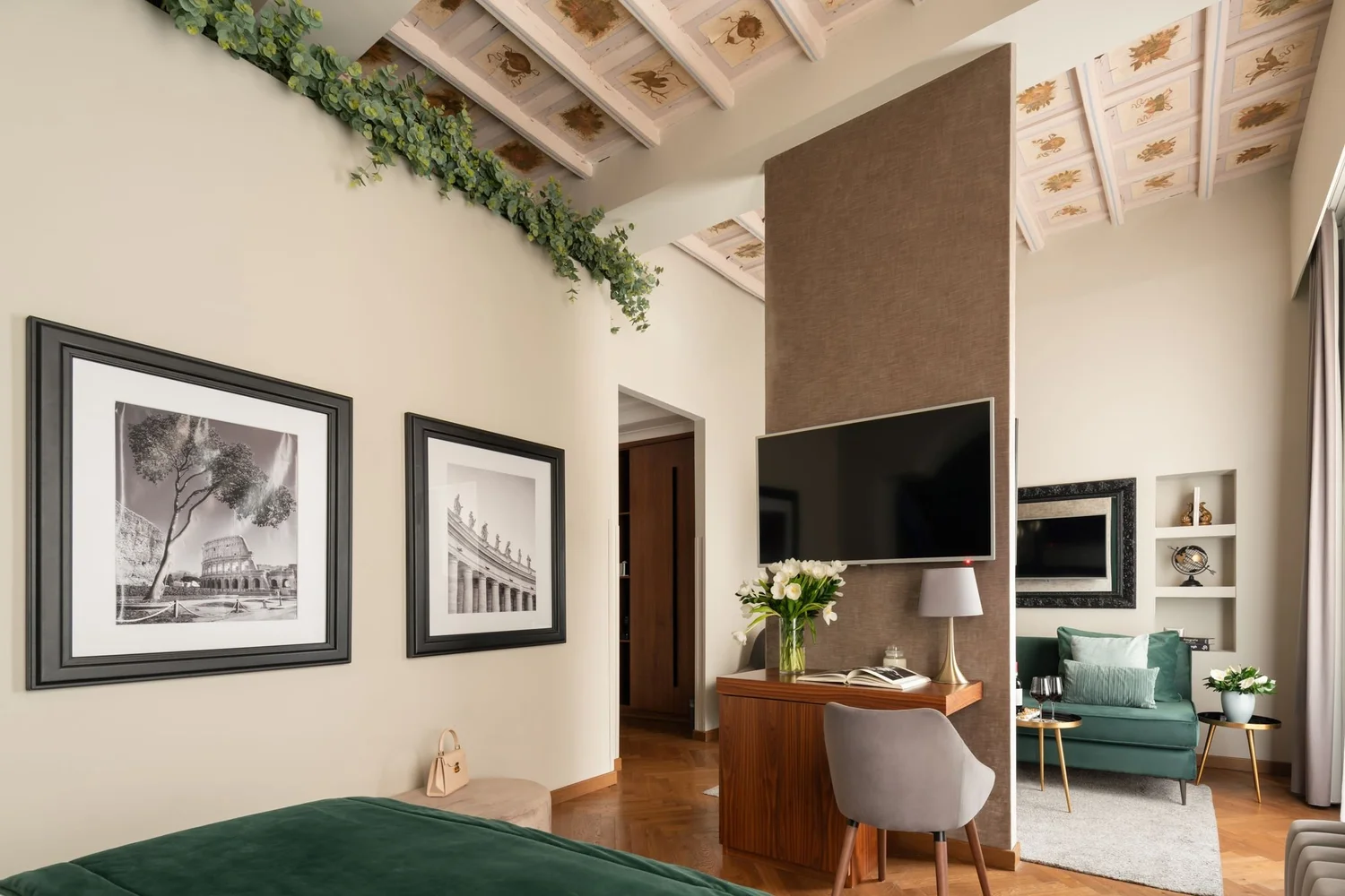 Mascagni Suite at the Sole al Pantheon with a decorated coffered ceiling