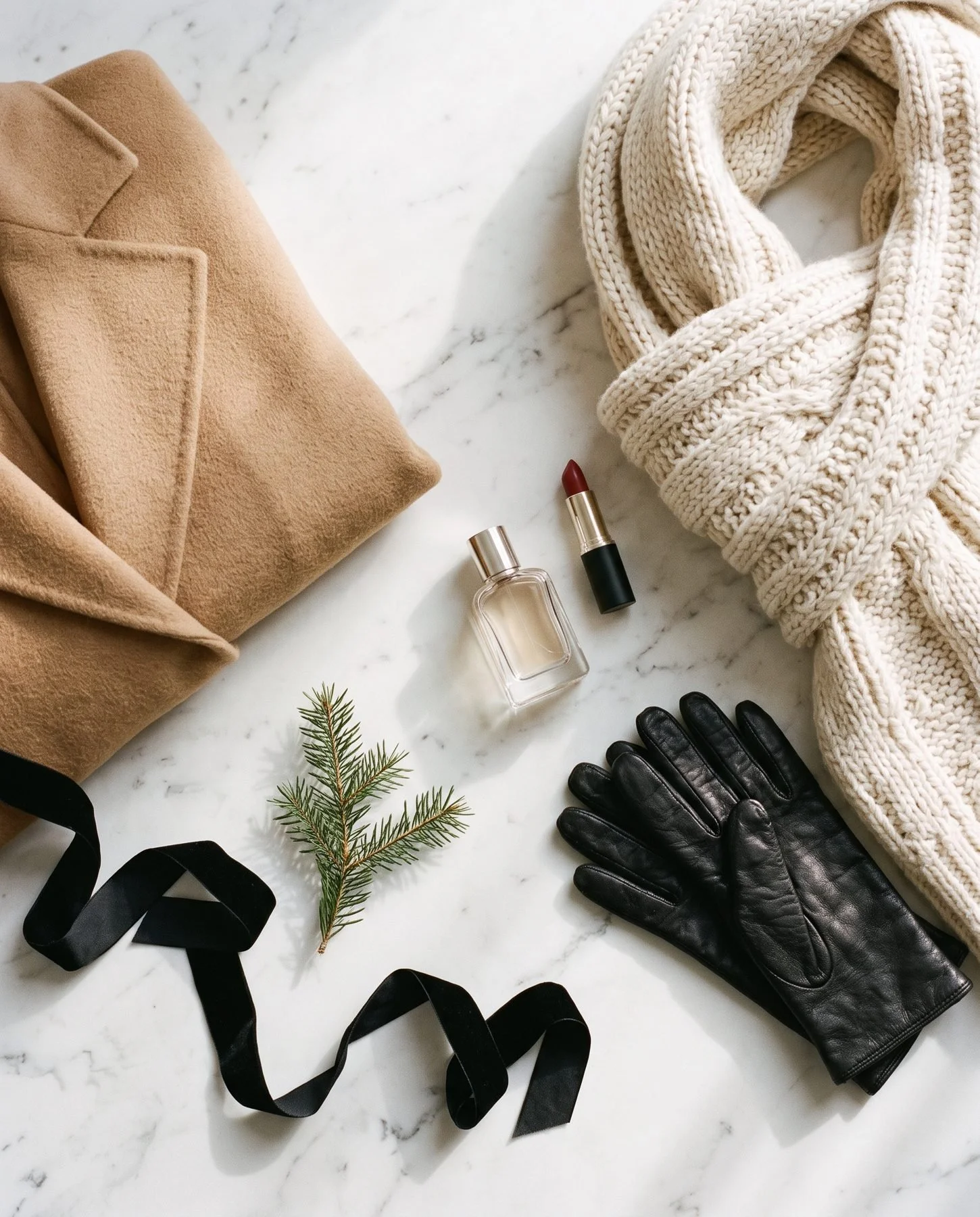 What to wear for a Christmas photoshoot in Rome: camel coat, cream knit scarf, leather gloves and red lipstick